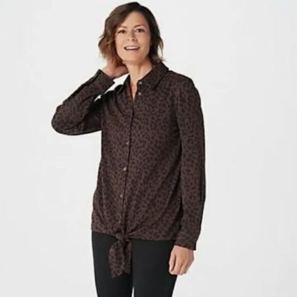 Belle by Kim Gravel TripleLuxe Knit Cheetah Print Tie Front Top Expresso - Picture 1 of 6